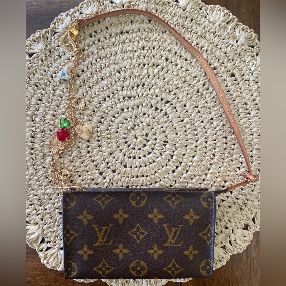 Authentic Louis Vuitton Brown Monogram Pouch with Gold Charm Strap